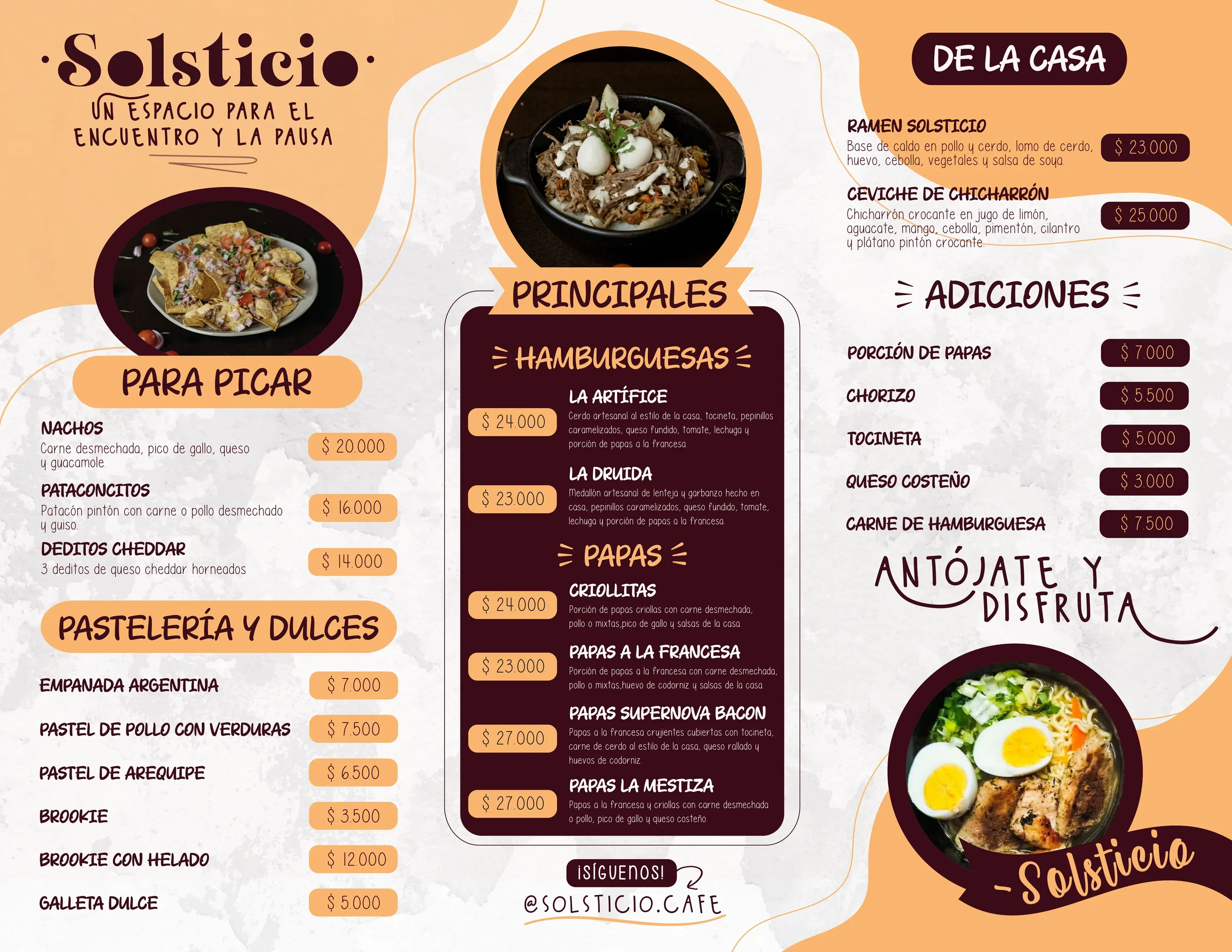 Carta Solsticio - comida, principales, hamburguesas, papas y adiciones