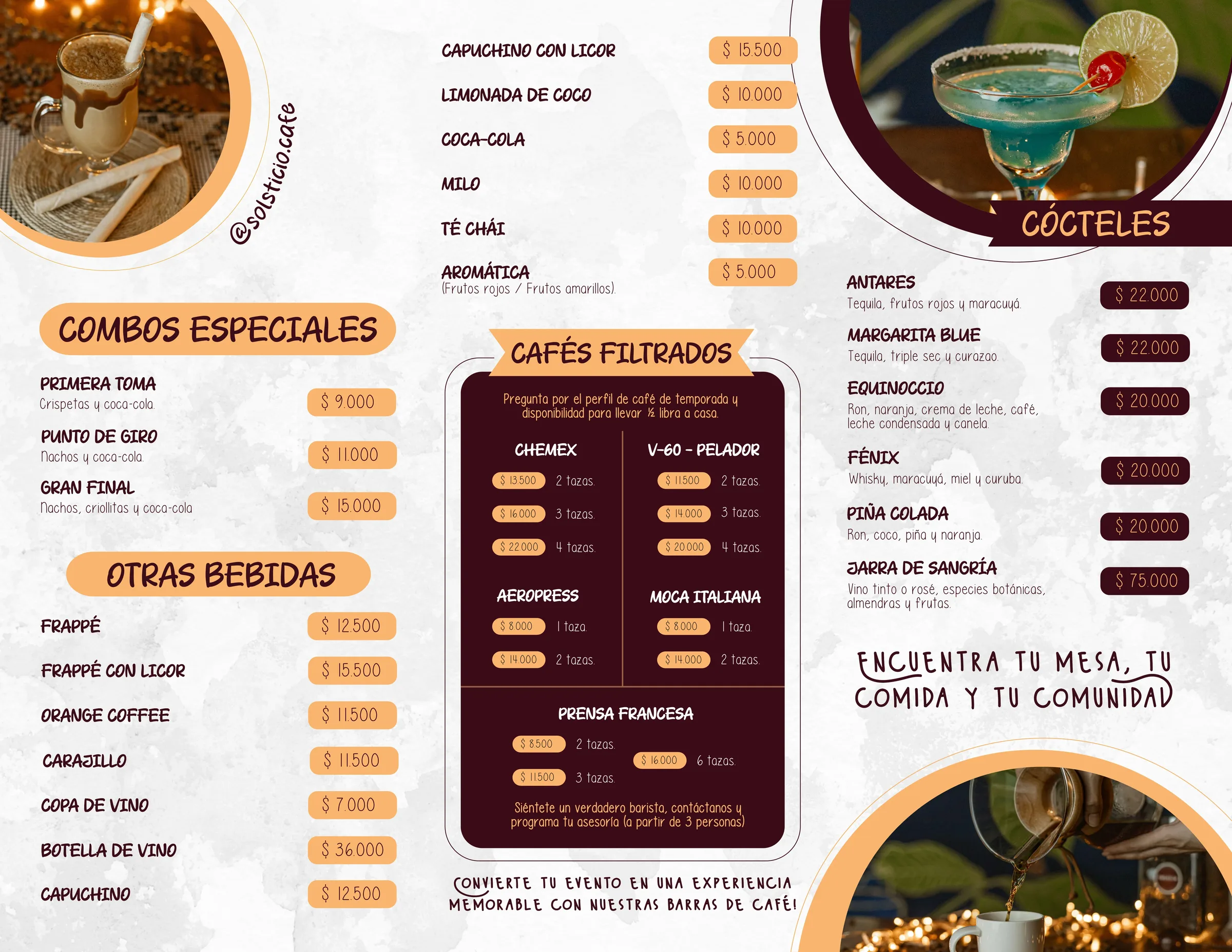 Carta Solsticio - combos, bebidas, cafés filtrados y cócteles