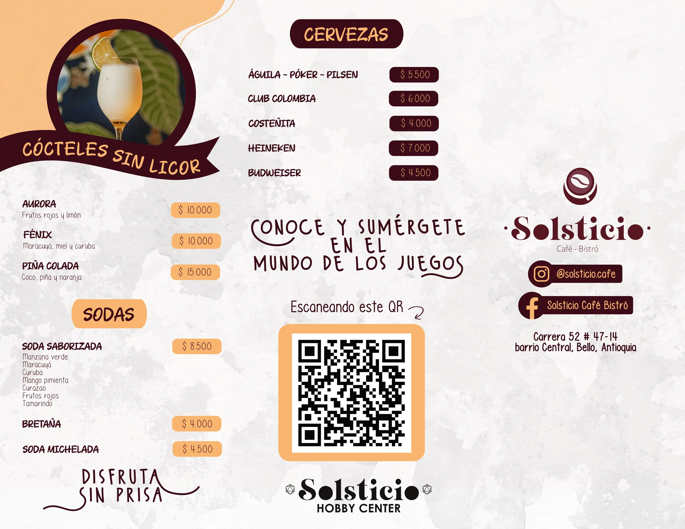 Carta Solsticio - cócteles sin licor, sodas y cervezas